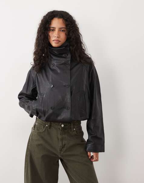Mango funnel neck statement leather jacket in black - view 1