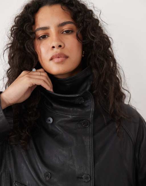 Mango funnel neck statement leather jacket in black , 3 of 4