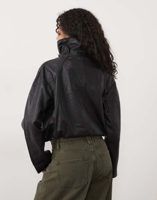Mango funnel neck statement leather jacket in black , 4 of 4