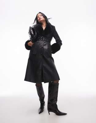 fur cuff wool coat in black