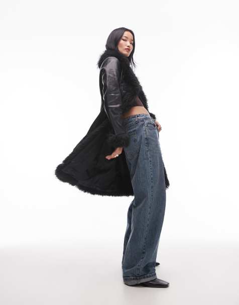 Mango fur edge leather look trench coat in black - view 1