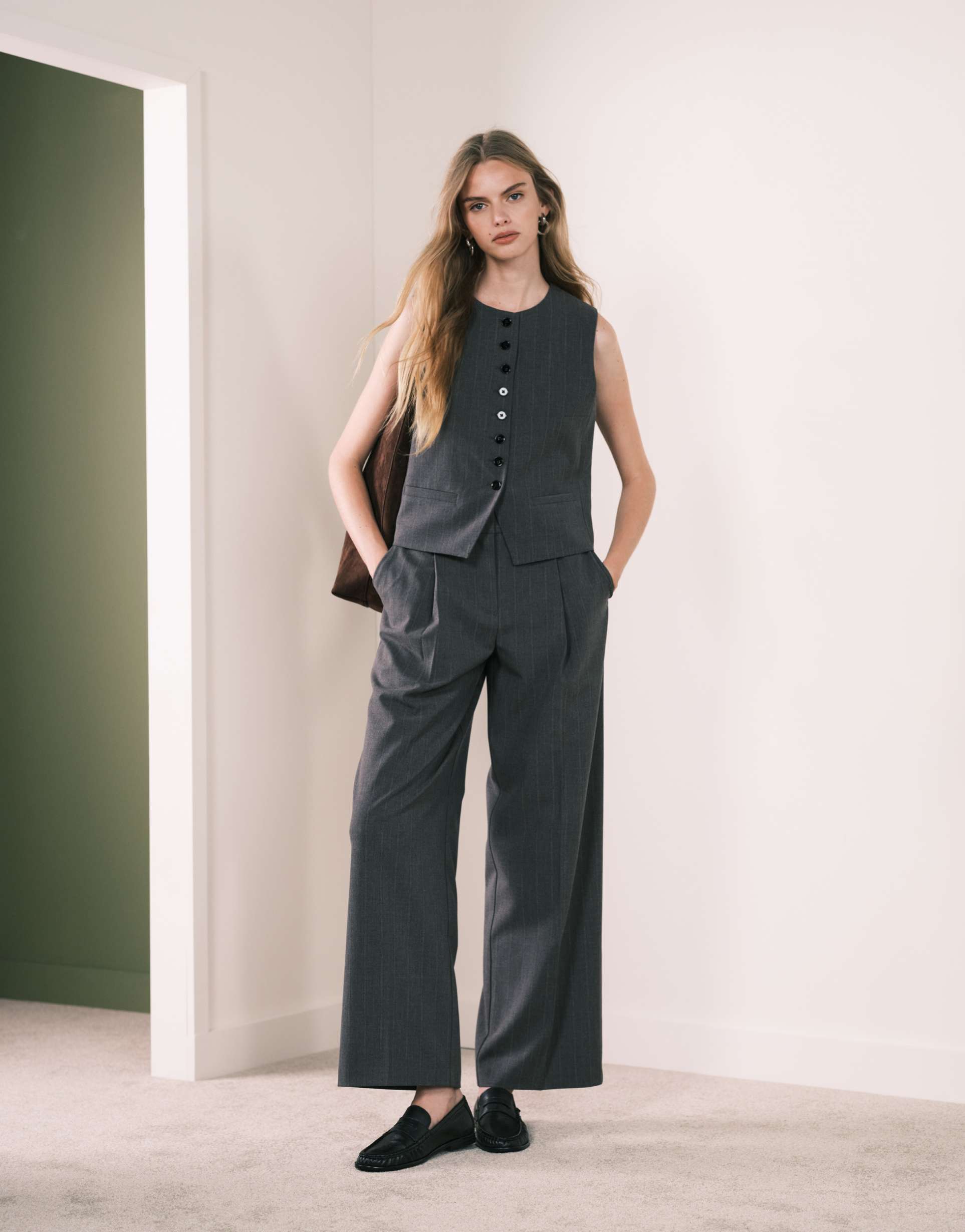 mango gabo tailored relaxed pants in gray stripes - part of a set