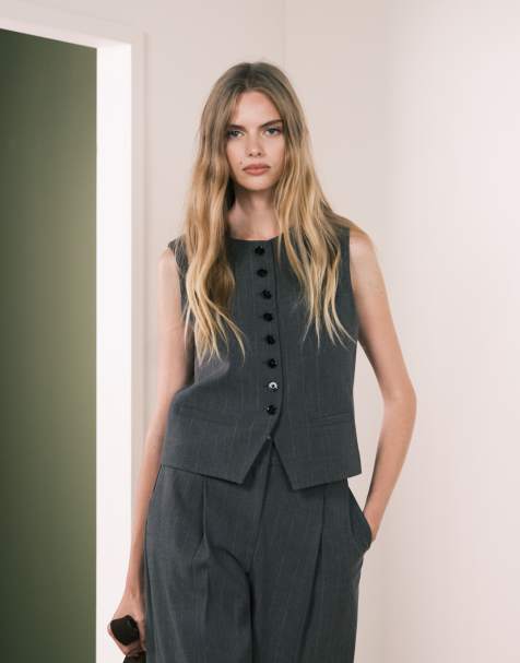 Mango Gabo tailored vest with statement buttons co-ord in grey stripe - view 1