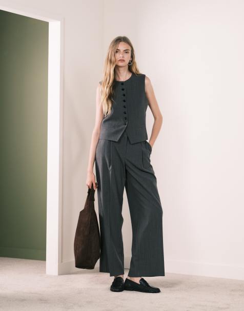 Mango Gabo tailored vest with statement buttons & trouser co-ord in grey stripe - view 1
