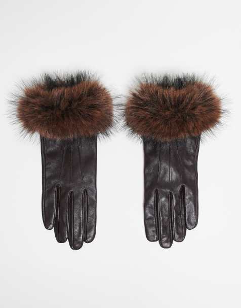 Mango - Gants en cuir avec bordures en fausse fourrure - Marron foncé - view 1