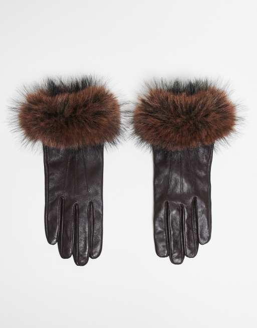 Mango - Gants en cuir avec bordures en fausse fourrure - Marron foncé
