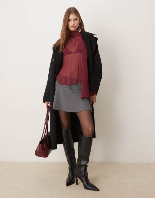 Mango gathered neck blouse in dark red, 2 of 4