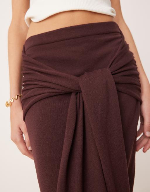 Mango gathered tie waist detail skirt in dark brown, 3 of 5