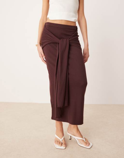 Mango gathered tie waist detail skirt in dark brown, 4 of 5