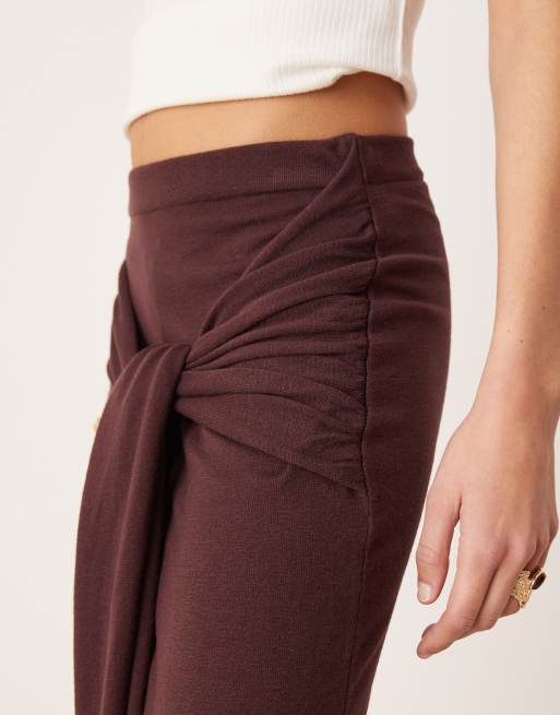 Mango gathered tie waist detail skirt in dark brown, 5 of 5