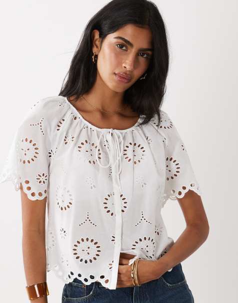 Mango - Geborduurde blouse van 100% katoen met gestrikte voorkant in wit - view 1