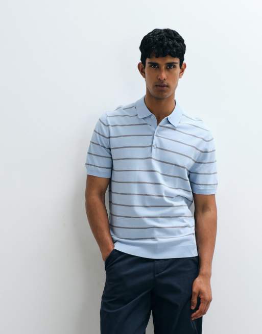 Mango - Gebreid gestreept poloshirt in lichtblauw, 4 van 5