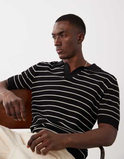 Mango - Gebreid gestreept poloshirt in zwart - view 1