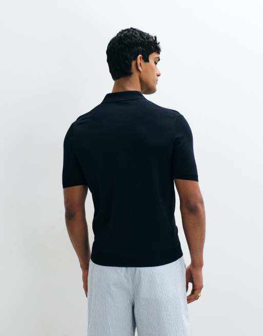 Mango - Gebreid poloshirt met kwartrits in marineblauw, 3 van 5