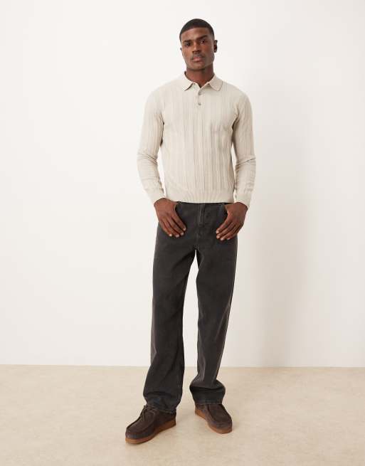 Mango - Gebreid poloshirt met lange mouwen en kabels in licht beige, 2 van 5