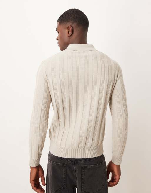 Mango - Gebreid poloshirt met lange mouwen en kabels in licht beige, 3 van 5