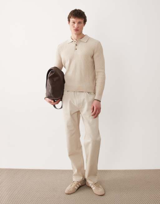 Mango - Gebreid poloshirt van katoenmix in ecru, 2 van 5