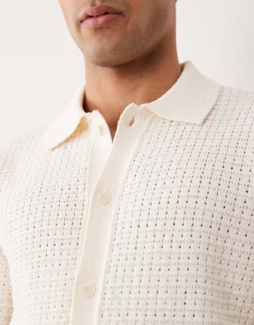 Mango - Gebreid poloshirt van wafelstof met knoopsluiting en korte mouwen in ecru, 3 van 5