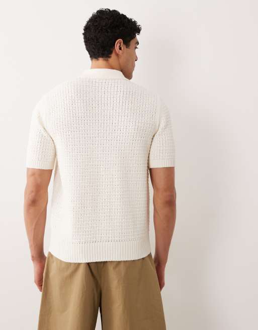 Mango - Gebreid poloshirt van wafelstof met knoopsluiting en korte mouwen in ecru, 5 van 5