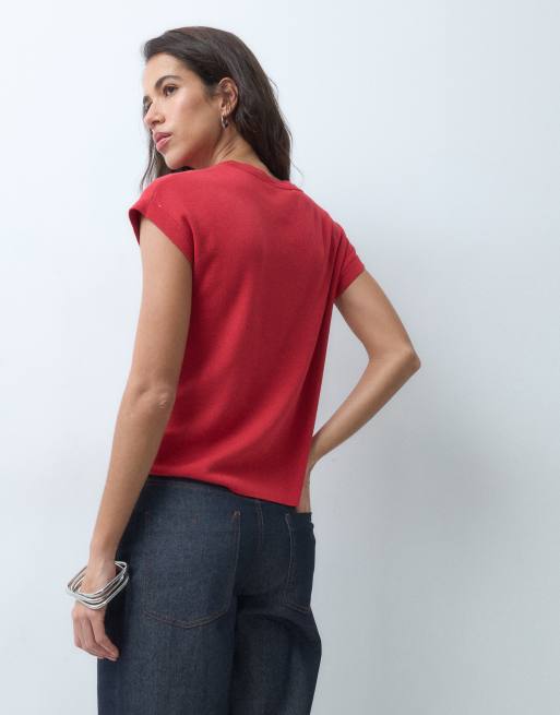 Mango gebreid T-shirt met kapmouwen in rood, 3 van 5