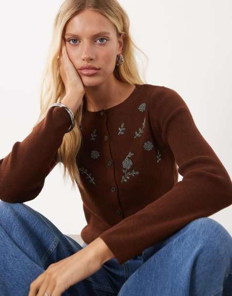 Mango gebreid vest met versiering in bruin - view 1