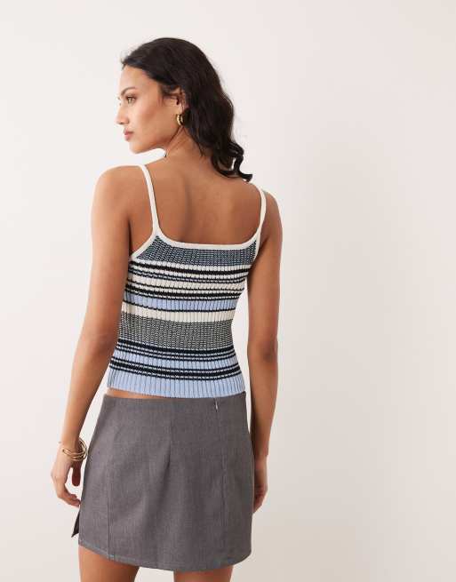 Mango - Gebreide gestreepte camitop in blauw, 4 van 4