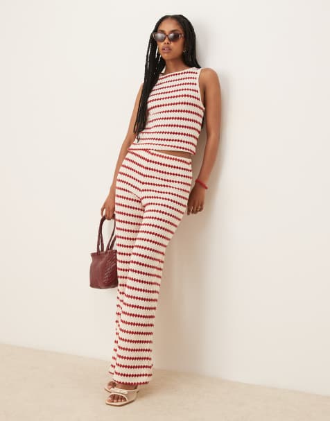 Mango - Gebreide gestreepte co-ord set met top en broek in rood - view 1