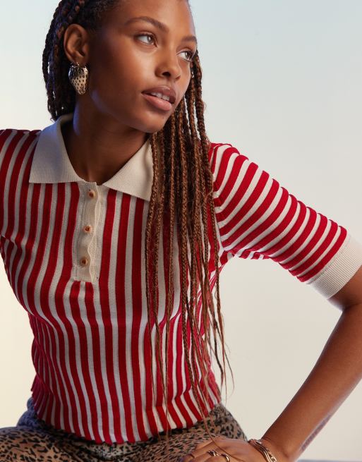 Mango - Gebreide gestreepte polo in rood en wit