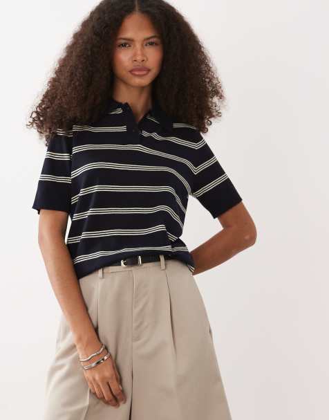 Mango - Gebreide gestreepte polotop met korte mouwen in marineblauw - view 1