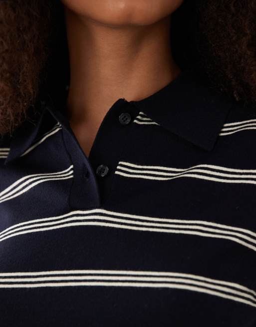 Mango - Gebreide gestreepte polotop met korte mouwen in marineblauw, 3 van 4