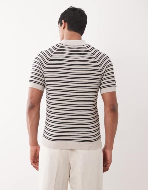 Mango - Gebreide gestreepte polotop met reverskraag in crème, 3 van 5