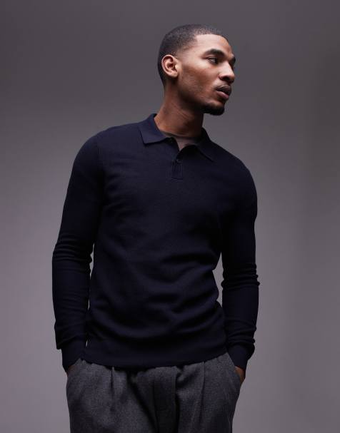 Mango - Gebreide polosweater in marineblauw - view 1