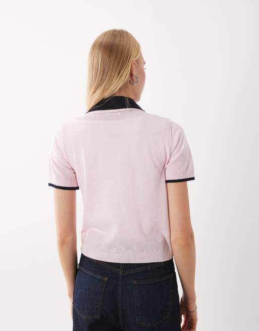 Mango gebreide polotop met korte mouwen en contrasterende afwerking in pastelroze, 2 van 4