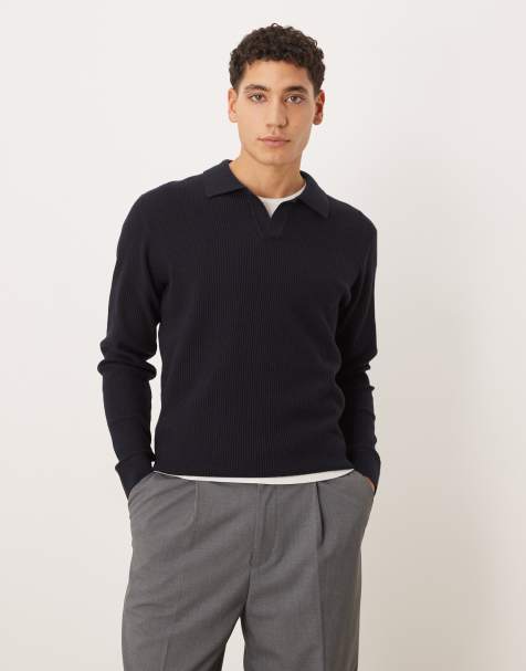 Mango - Gebreide polotop van katoenmix met reverskraag in marineblauw - view 1