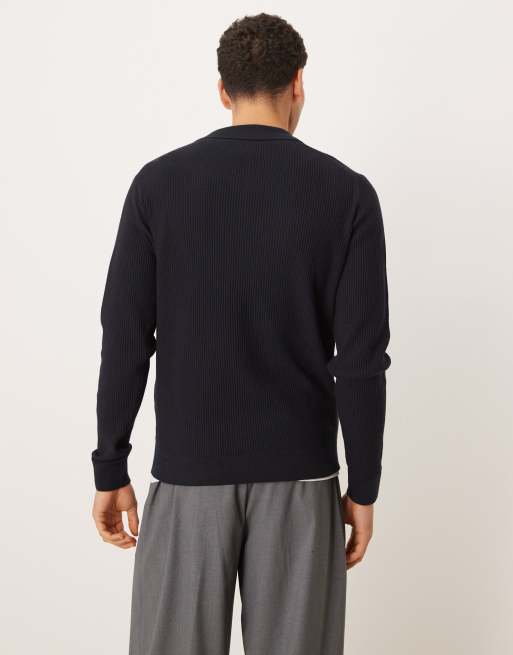 Mango - Gebreide polotop van katoenmix met reverskraag in marineblauw, 3 van 5