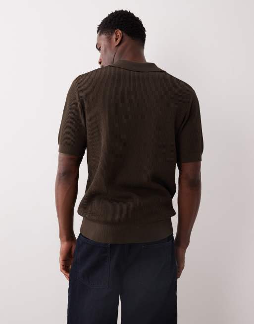 Mango - Gebreide sweater van 100% katoen met reverskraag en korte mouwen in bruin, 3 van 5