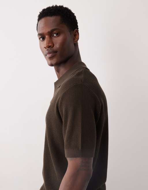 Mango - Gebreide sweater van 100% katoen met reverskraag en korte mouwen in bruin, 4 van 5