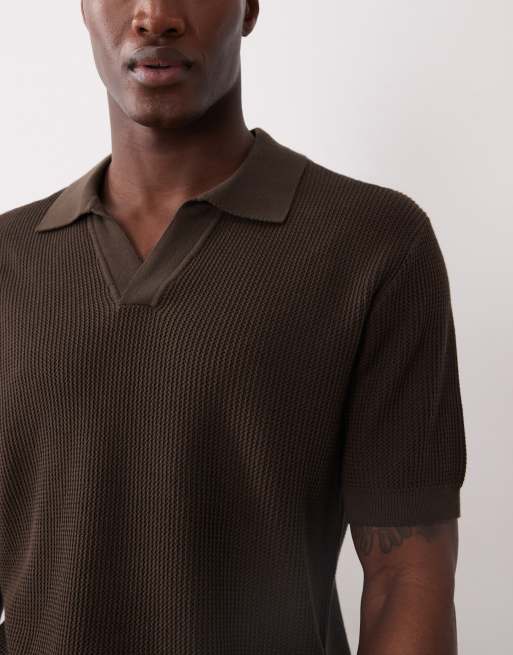 Mango - Gebreide sweater van 100% katoen met reverskraag en korte mouwen in bruin, 5 van 5