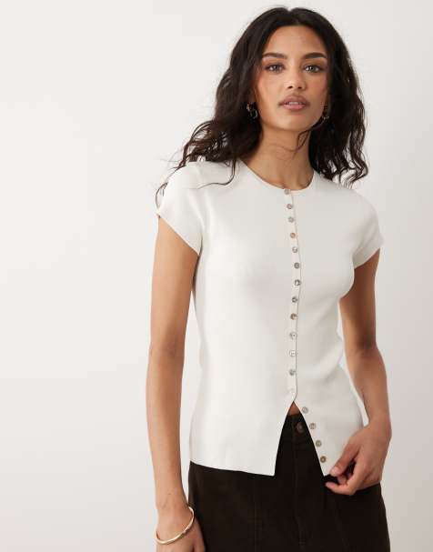 Mango - Gebreide top met korte mouwen en knoopsluiting in wit - view 1