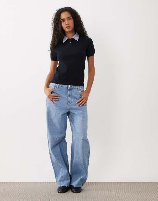 Mango gebreide top met korte mouwen en overhemdkraagdetail in navy, 2 van 4