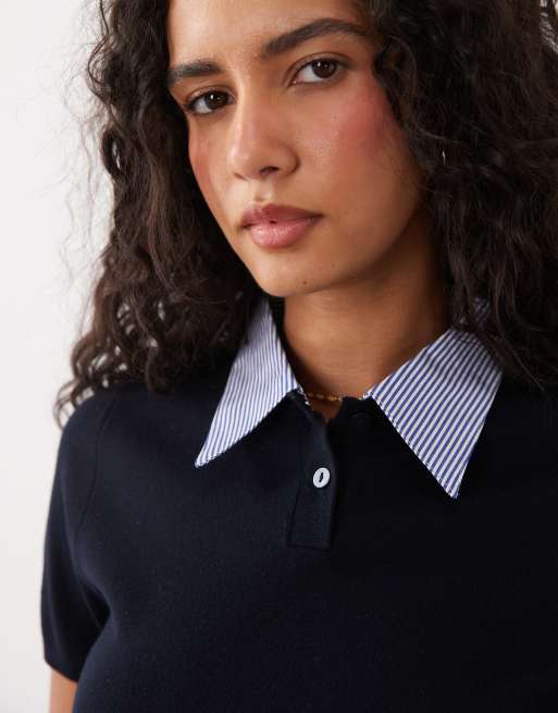 Mango gebreide top met korte mouwen en overhemdkraagdetail in navy, 3 van 4