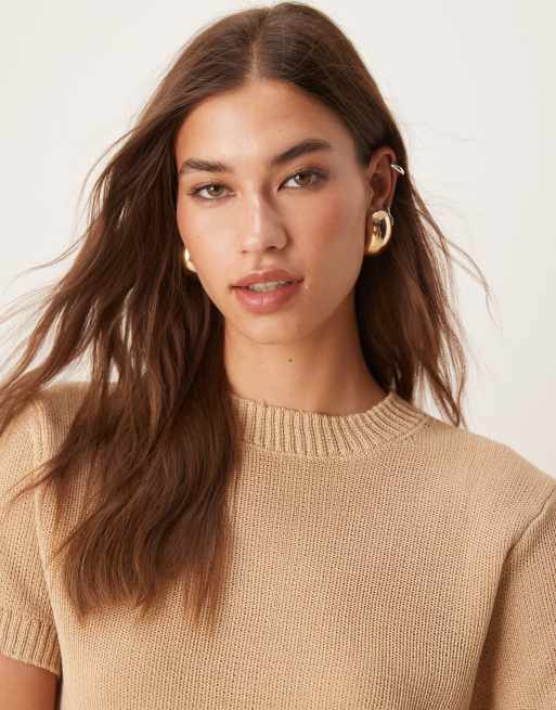 Mango - Gebreide top met korte mouwen in beige, 3 van 4