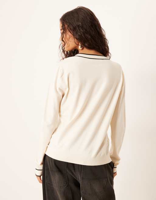 Mango - Gebreide trui met contrasterende rand en V-hals in beige, 4 van 4