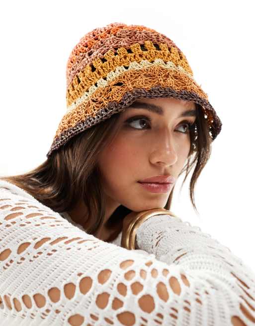 Mango - Gehaakte gestreepte bucket hat in oranje