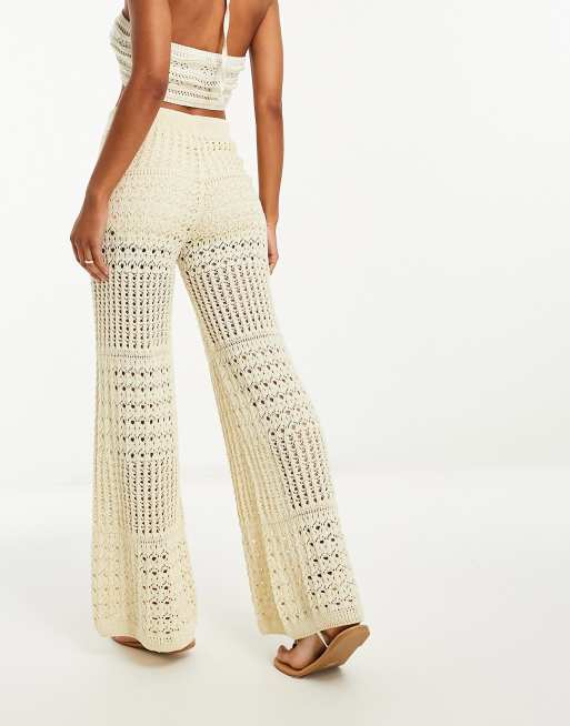 Mango - Gehaakte strandbroek met wijde pijpen in lichtbeige, 2 van 4