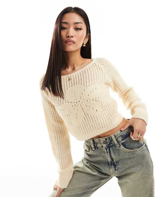Mango - Gehaakte trui met bloemdetail in beige