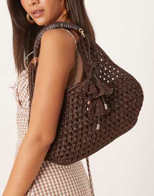 Mango - Gehäkelte Handtasche in Braun mit Blumenanhänger-Detail-Brown