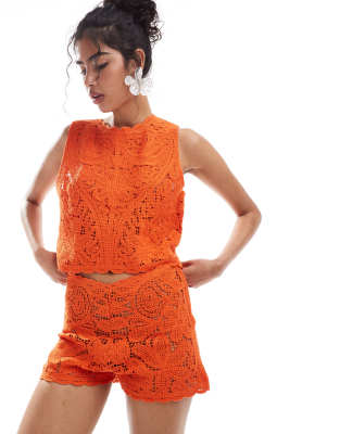 Mango - Gehäkelte Shorts in Orange, Kombiteil