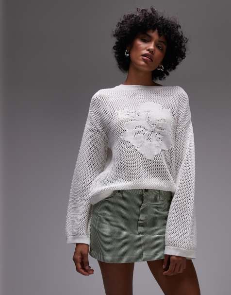 Mango – Gehäkelter Pullover in Weiß mit Hibiskusblüten-Motiv - view 1