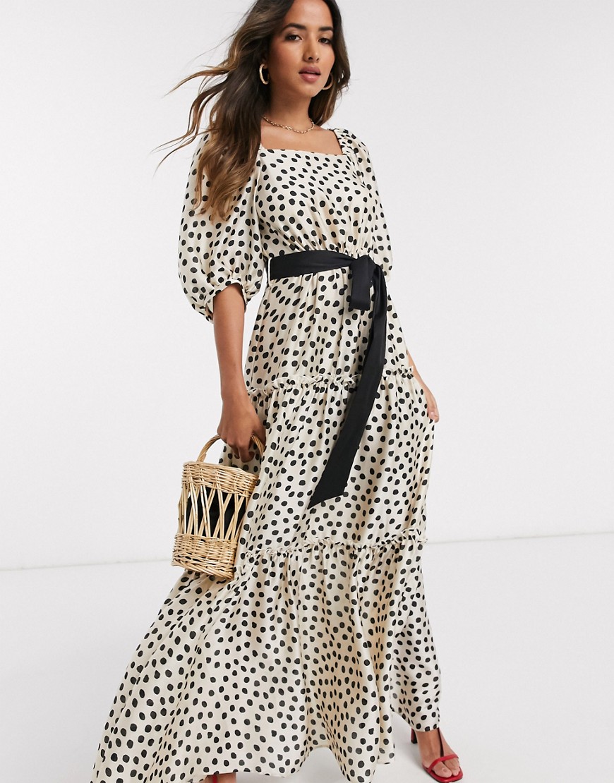 Mango - Gelaagde maxi-jurk met volumineuze mouwen en stippenprint-Wit